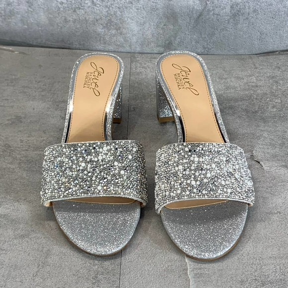 Jewel Badgley Mischka Women's Silver Glitter Della Rhinestone Slide Sandal SZ7.5 - Picture 3 of 9